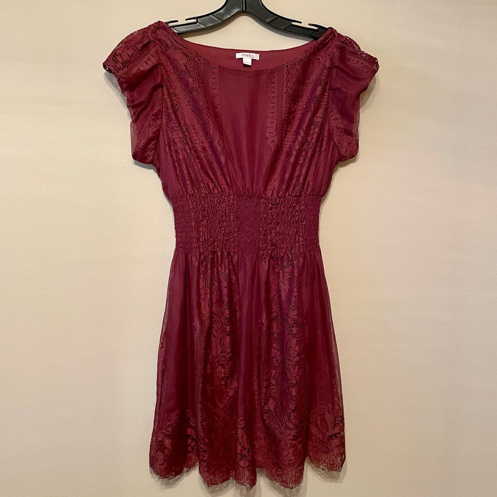 Pinky Maroon Lace Puff Sleeve Mini Dress Size Large